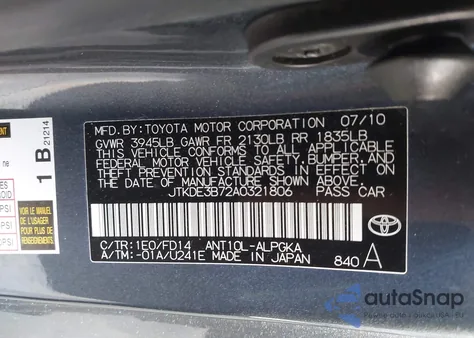 2010 Scion Tc из США, поврежденный, VIN JTKDE3B72A0321806